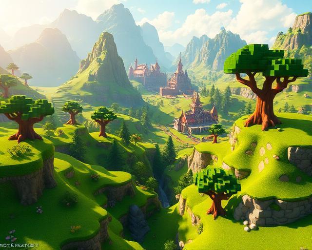 Paisaje épico del mundo de Hytale - Bioma fantástico con montañas y vegetación