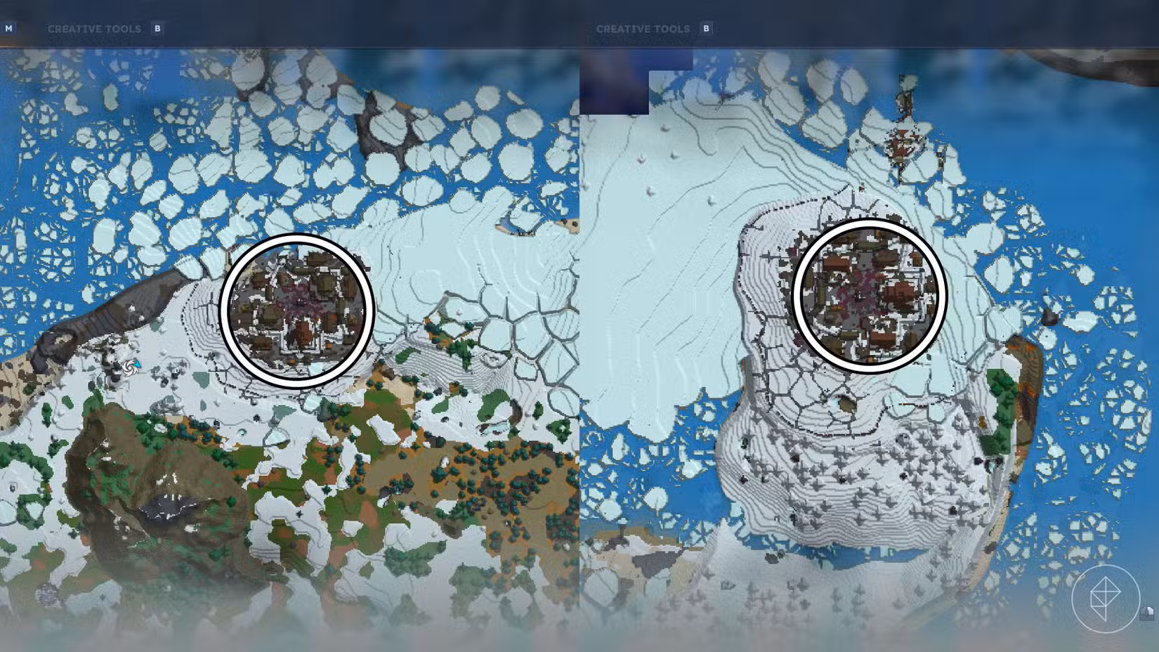 Vista del mapa del bioma de nieve Whisperfrosts en Hytale